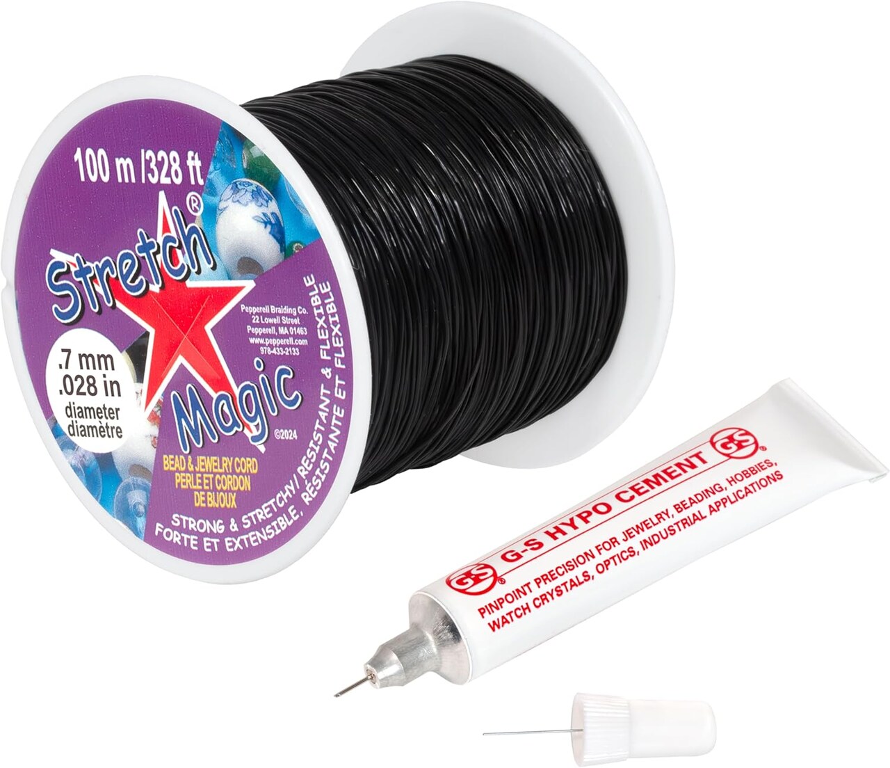 Stretch Magic Bead & Jewelry Cord - Strong & Stretchy, Easy to Knot - Black Color - 0.7mm Diameter - 100-meter (328 ft) Spool - Elastic String for Making Beaded Jewelry – Bonus Hypo Cement Glue